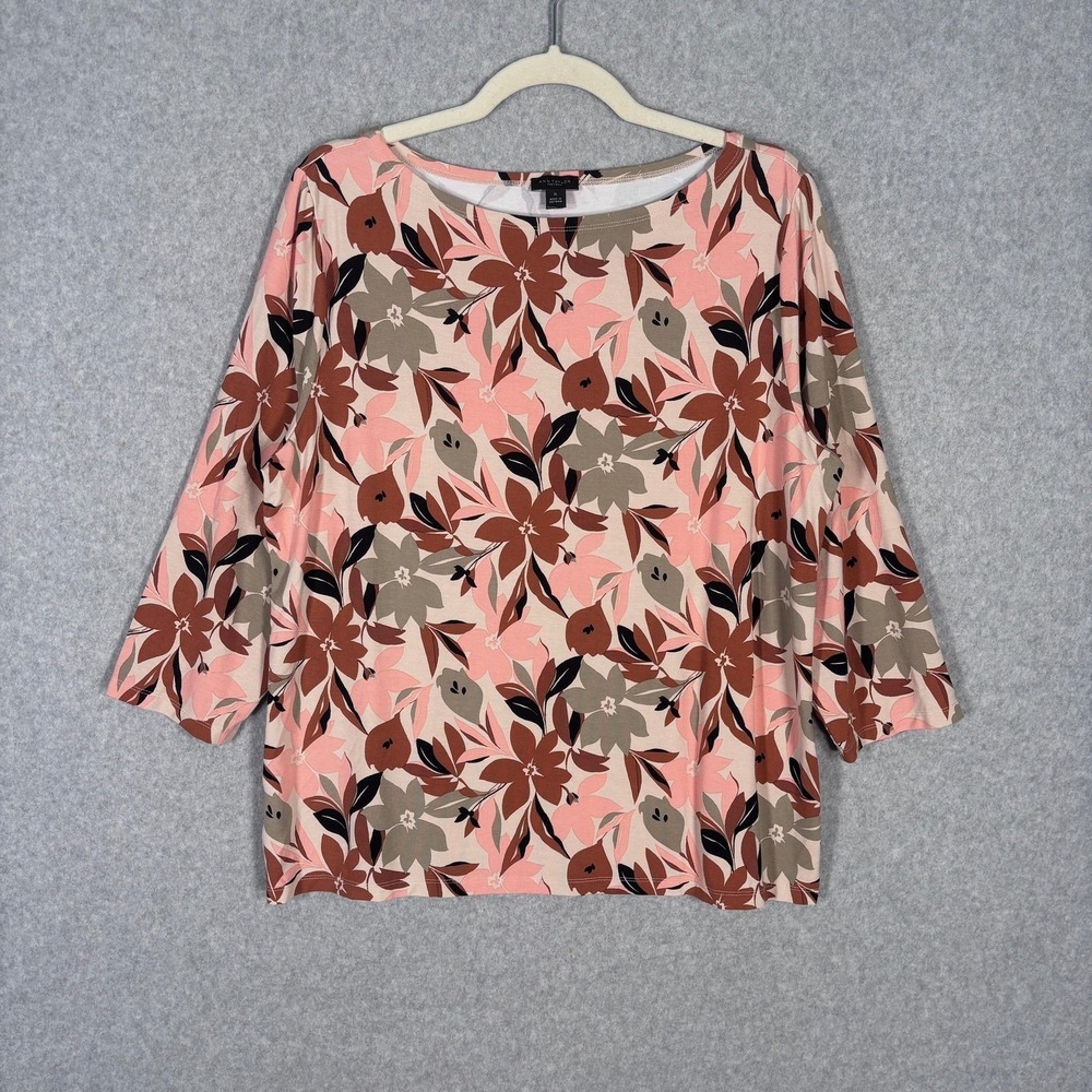 Ann Taylor Floral Top XL Tan Pink Brown Jersey Stretch Soft Comfort‎ Neutral